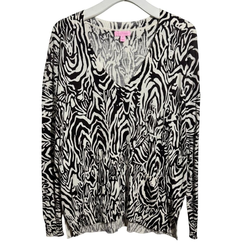 Lilly Pulitzer Zebra V Neck Eleni Sweater Women M Brown White Lightweight Casual